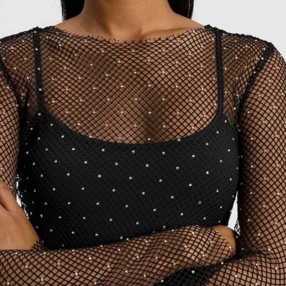 Express Mesh Rhinestone Long Sleeve Mini Dress - Picture 3 of 6